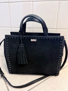 kate spade Black Suede and Leather Studded Satchel with Tassel
